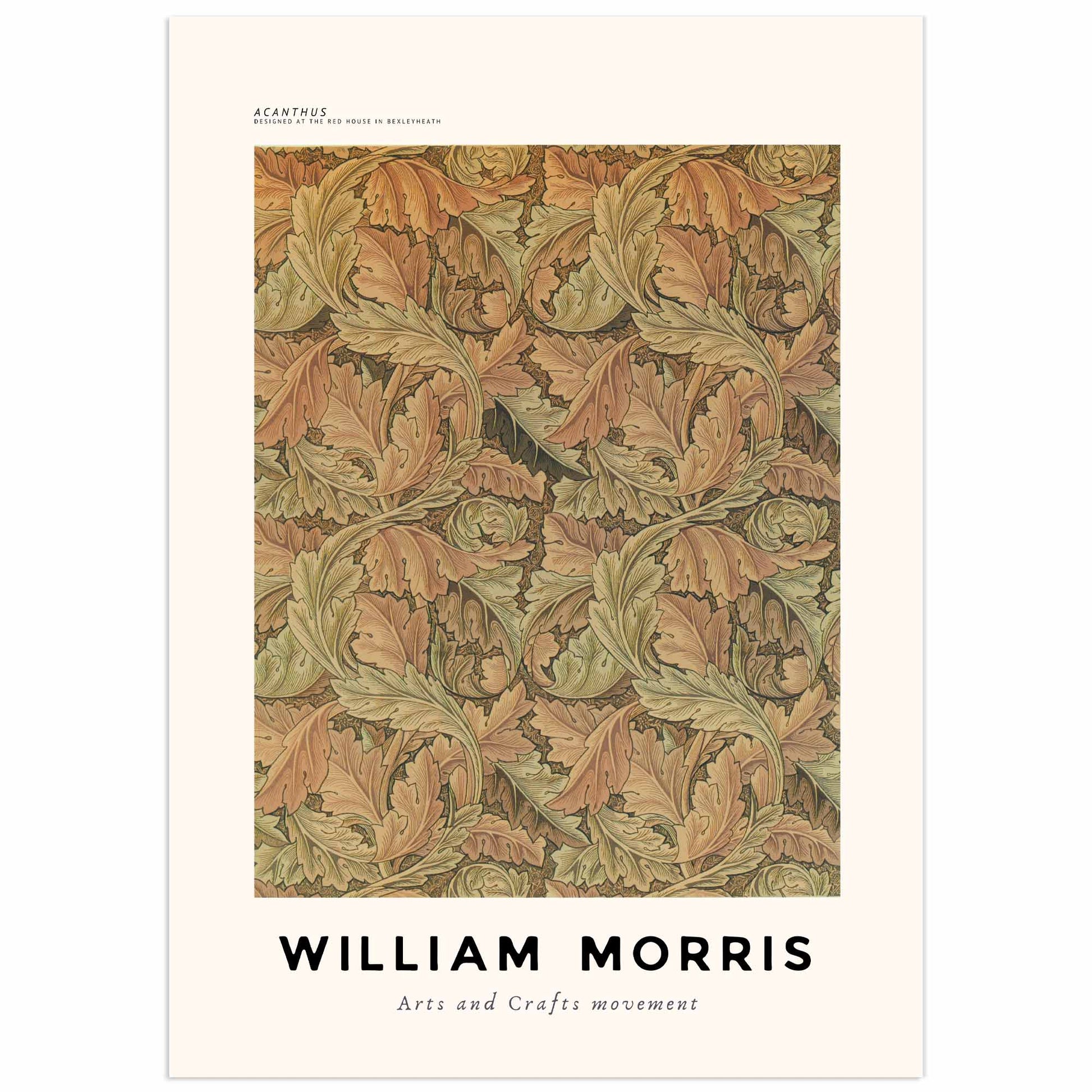 Decorative poster featuring William Morris’s Acanthus pattern with stylised acanthus leaves in green, brown and ochre tones, Arts & Crafts style