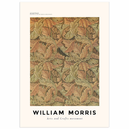 Decorative poster featuring William Morris’s Acanthus pattern with stylised acanthus leaves in green, brown and ochre tones, Arts & Crafts style
