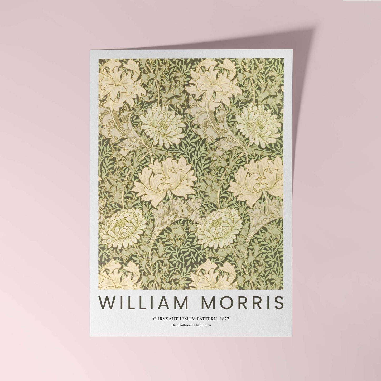 William Morris Chrysanthemum pattern (1877) — intricate cream and green floral repeat design.