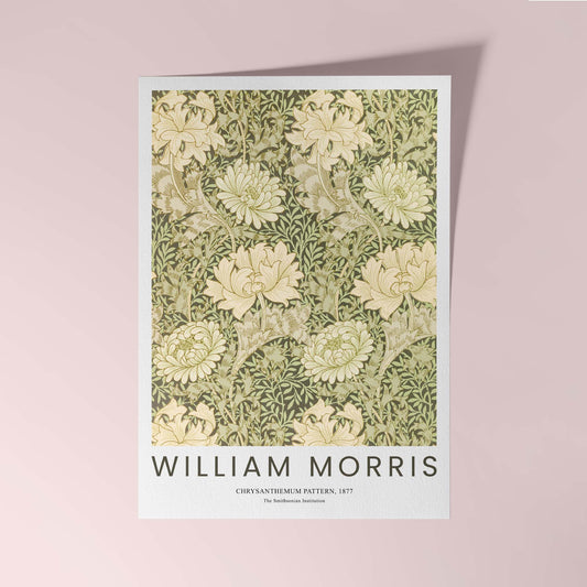 William Morris Chrysanthemum pattern (1877) — intricate cream and green floral repeat design.