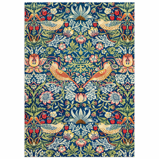 Text-free decorative poster featuring William Morris’s Strawberry Thief pattern with stylised birds, red strawberries, flowers and foliage on a blue Arts & Crafts background