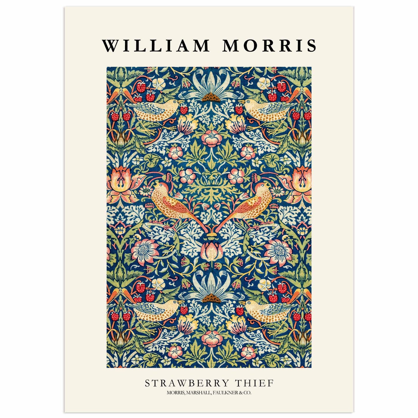 Decorative poster featuring William Morris’s Strawberry Thief pattern with stylised birds, red strawberries, flowers and foliage on a blue Arts & Crafts background