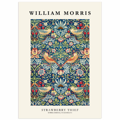 Decorative poster featuring William Morris’s Strawberry Thief pattern with stylised birds, red strawberries, flowers and foliage on a blue Arts & Crafts background