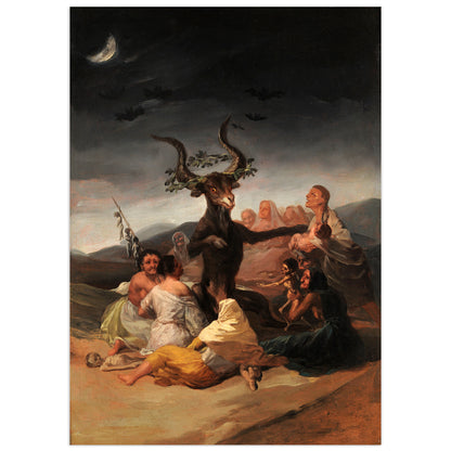 Witches' Sabbath by Francisco de Goya: a large dark goat crowned with leaves sits among a circle of witches offering it children, under a night sky with a crescent moon and bats