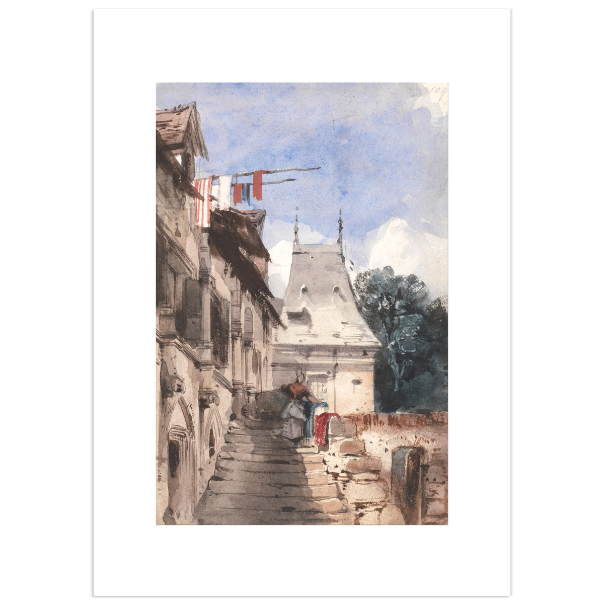 Abbey St-Amand, Rouen by Richard Parkes Bonington: the tall Gothic facade of a Rouen abbey in pale stone, bathed in warm golden light, with small figures in the street below