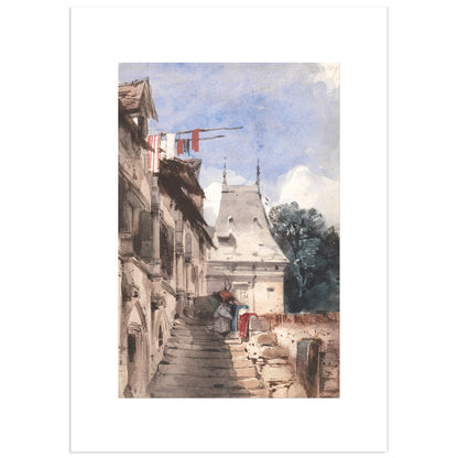 Abbey St-Amand, Rouen by Richard Parkes Bonington: the tall Gothic facade of a Rouen abbey in pale stone, bathed in warm golden light, with small figures in the street below
