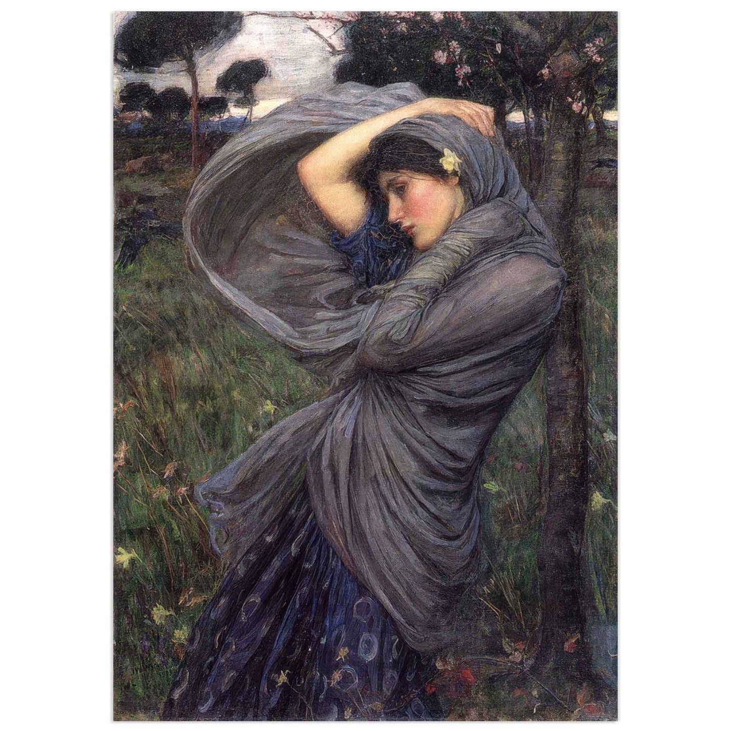 Pre-Raphaelite painting of woman in gray dress, windswept pose in spring field with blooming trees, by Waterhouse