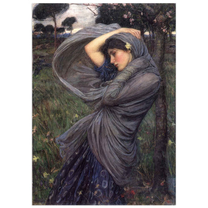 Pre-Raphaelite painting of woman in gray dress, windswept pose in spring field with blooming trees, by Waterhouse