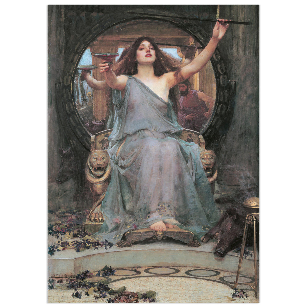 Circe Offering the Cup to Ulysses by John William Waterhouse: the sorceress Circe, in a translucent blue-grey gown, sits on a golden lion throne holding out a cup and raising her wand, while Ulysses appears in the round mirror behind her and a pig lies at her feet among scattered violets