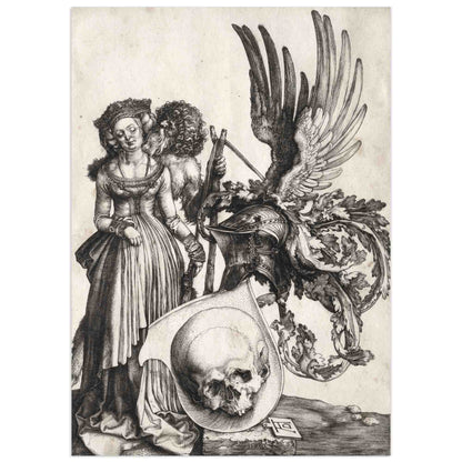 Engraving showing a woman in Renaissance dress standing beside a wild-haired man holding a halberd, with an elaborate coat of arms featuring a winged helmet, oak leaves, and a large human skull resting on a shield – artwork by Albrecht Dürer, 1503.