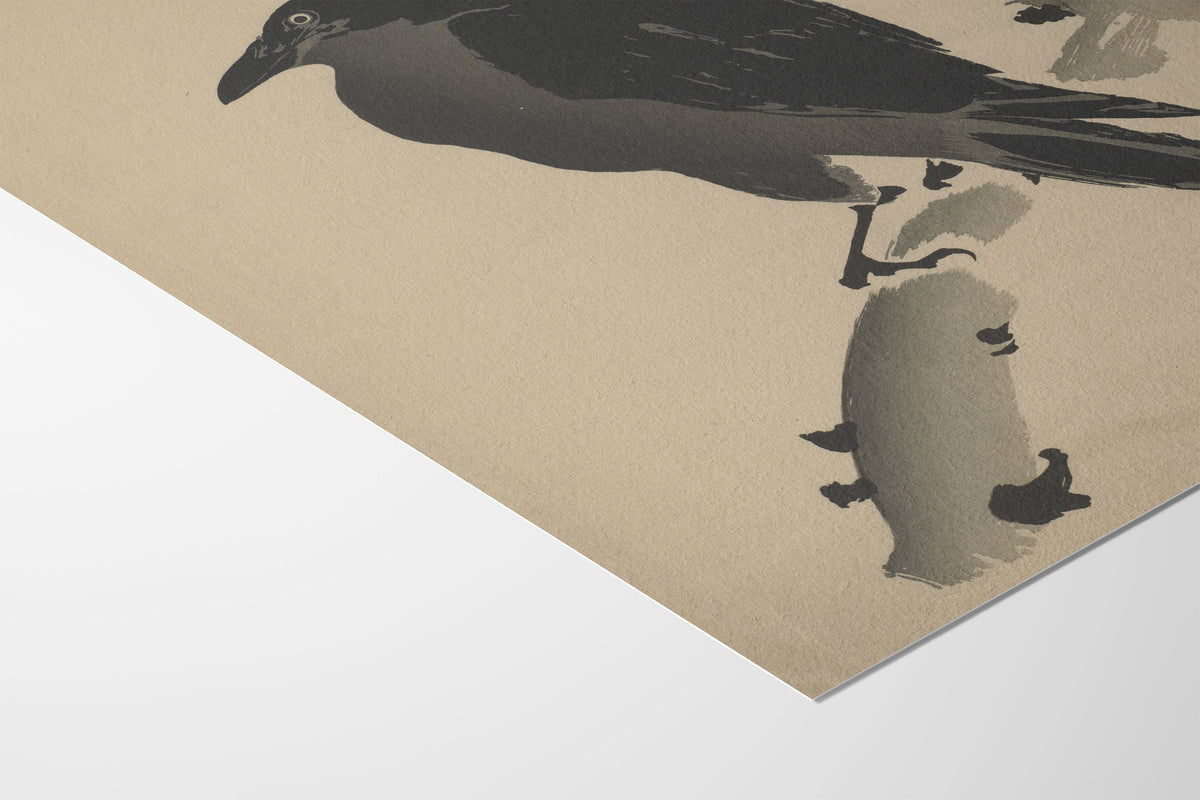A close-up of a minimalist art print featuring a black bird and its reflection on a textured beige background, shown at an angle against a white surface.