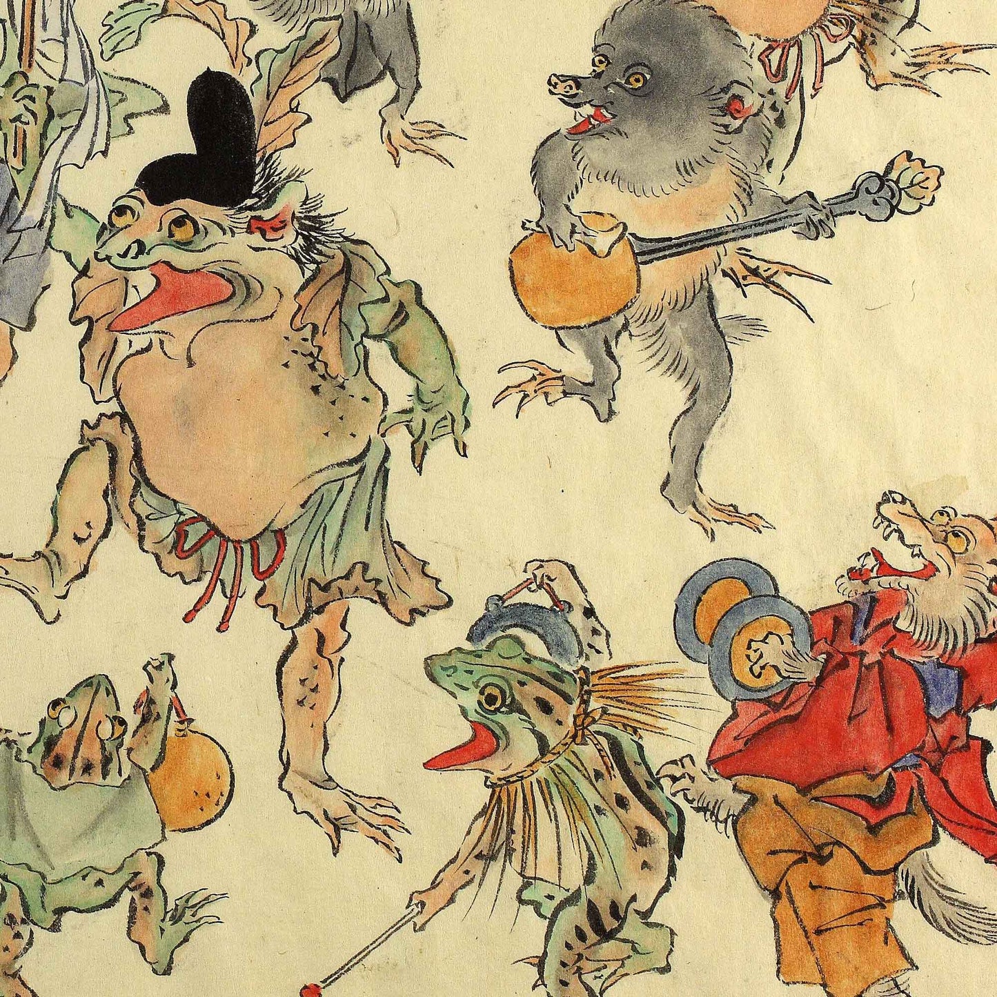 Animaux Dansant autour d’un Dieu Grenouille – Scène Musicale de Kyōsai