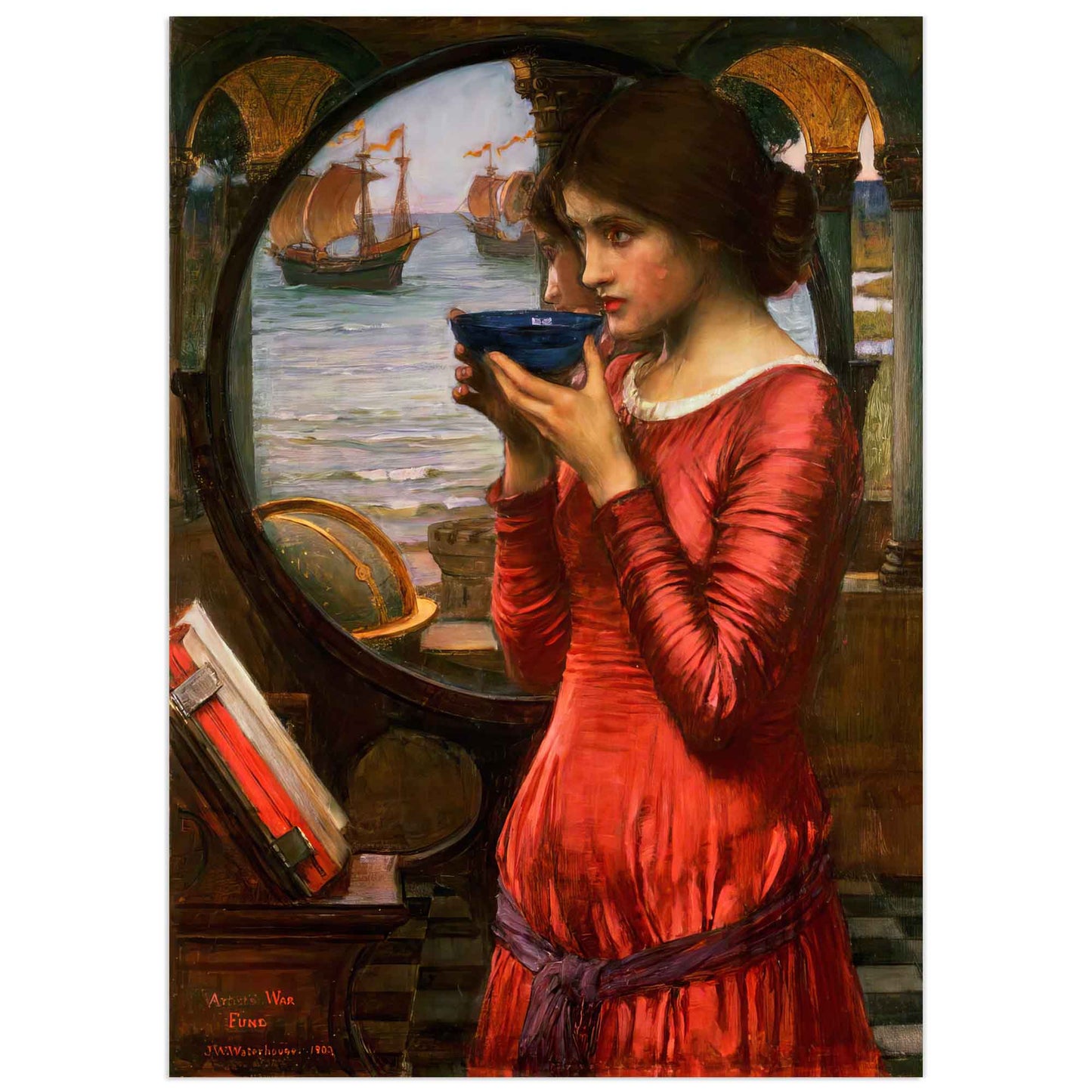 Pre-Raphaelite painting of woman in red dress holding goblet, looking out window at ships