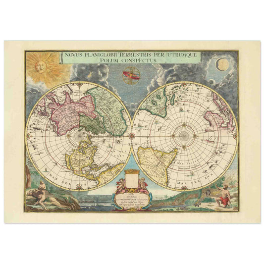 A decorative double hemisphere world map on a polar projection, featuring green and white continents, blue oceans, and vintage decorative elements.