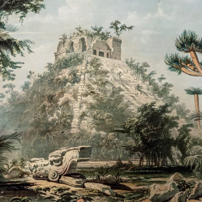 A vintage-style illustration of an ancient stone pyramid or temple rising above dense tropical jungle, with trees, rocks, and a pale sky filling the frame.