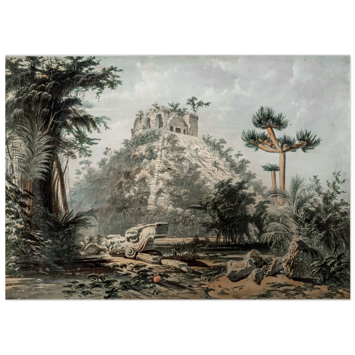 El Castillo at Chichén Itzá by Frederick Catherwood, 1844: the Maya pyramid of Kukulcán covered in jungle, with a carved serpent head in the foreground