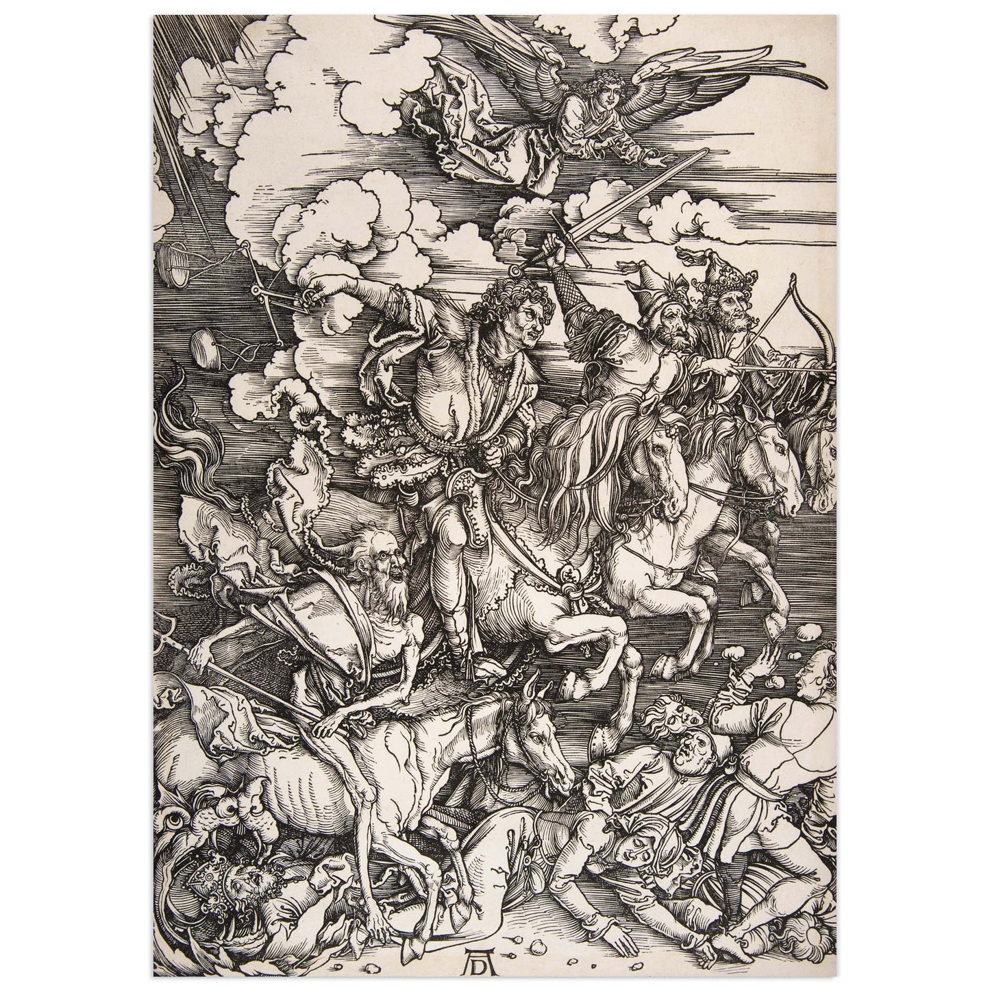 'The Four Horsemen' by Albrecht Dürer - A detailed woodcut from 1498 depicting the Four Horsemen of the Apocalypse charging across the earth, symbolizing Conquest, War, Famine, and Death in a powerful and dramatic composition.