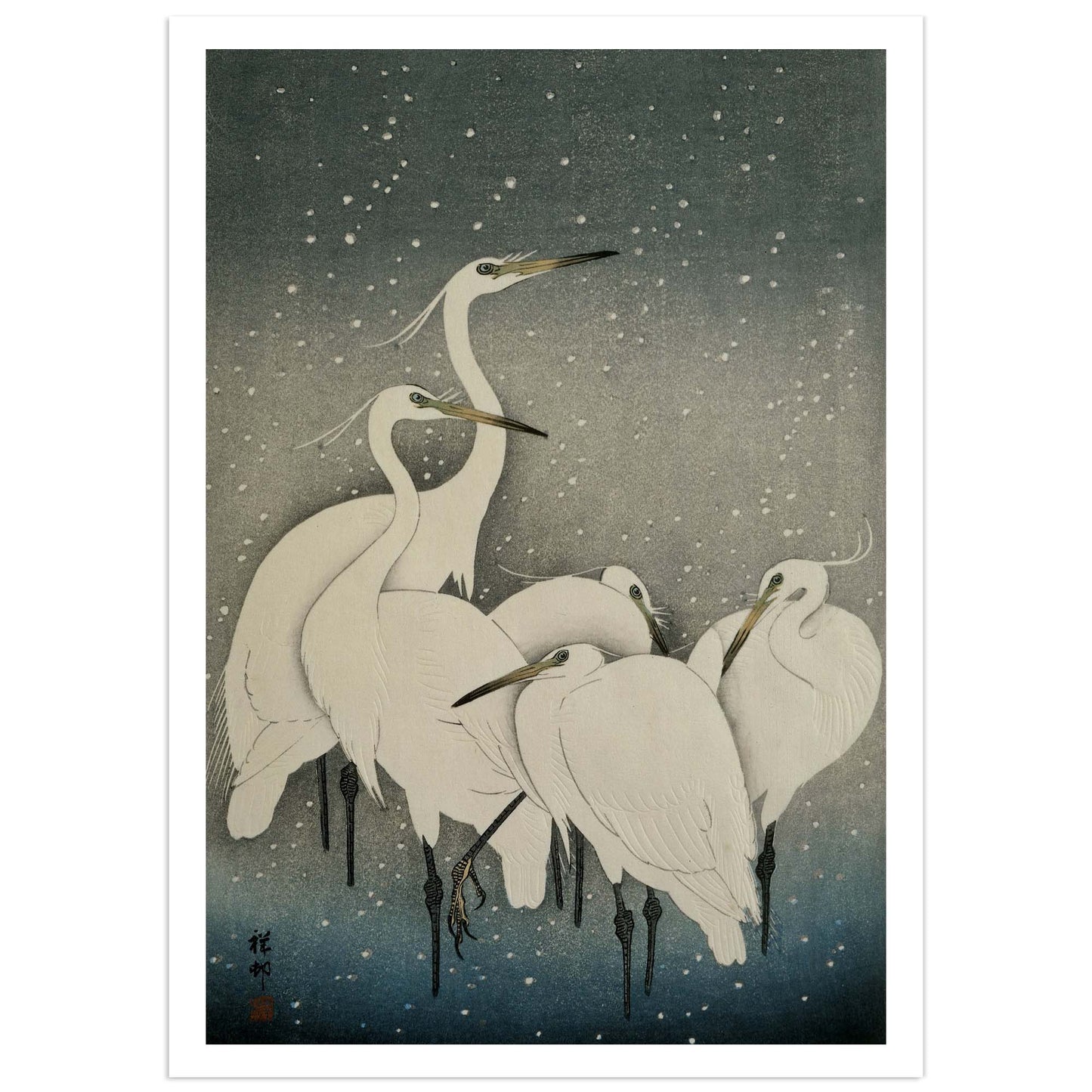 Reproduction d’estampe japonaise – Group of Egrets in the Snow d’Ohara Koson