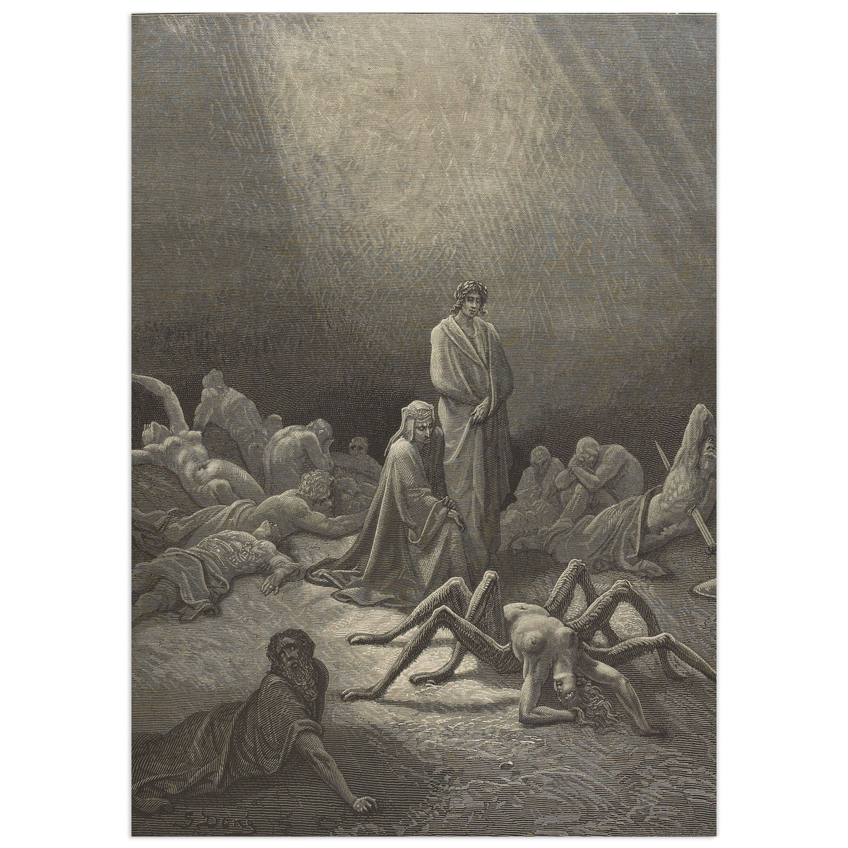 Arachne by Gustave Doré: in a shaft of light, Dante crouches beside Virgil crowned with laurel, looking at Arachne, a woman with the body of a giant spider, among fallen figures of the proud