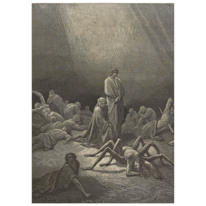 Arachne by Gustave Doré: in a shaft of light, Dante crouches beside Virgil crowned with laurel, looking at Arachne, a woman with the body of a giant spider, among fallen figures of the proud