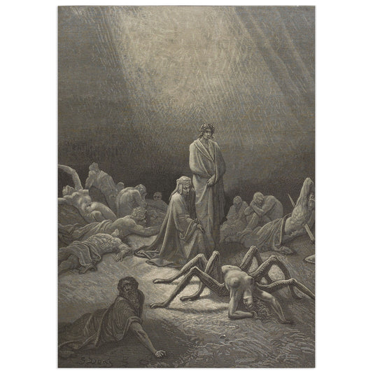 Arachne by Gustave Doré: in a shaft of light, Dante crouches beside Virgil crowned with laurel, looking at Arachne, a woman with the body of a giant spider, among fallen figures of the proud