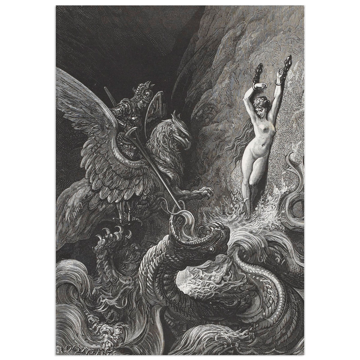 Ruggiero Fighting the Sea Monster by Gustave Doré: an armoured knight riding a winged hippogriff drives his lance into a scaly sea monster rising from the waves, while Angelica stands chained to a rock on the right