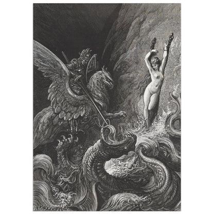 Ruggiero Fighting the Sea Monster by Gustave Doré: an armoured knight riding a winged hippogriff drives his lance into a scaly sea monster rising from the waves, while Angelica stands chained to a rock on the right