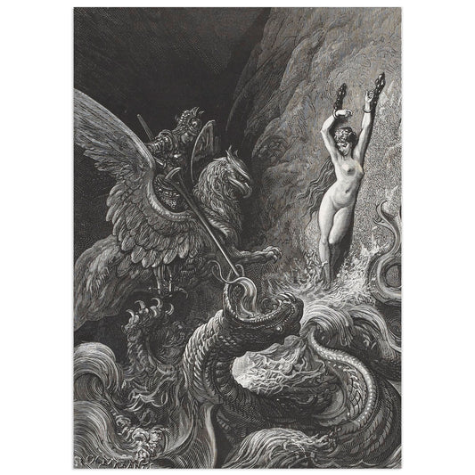 Ruggiero Fighting the Sea Monster by Gustave Doré: an armoured knight riding a winged hippogriff drives his lance into a scaly sea monster rising from the waves, while Angelica stands chained to a rock on the right