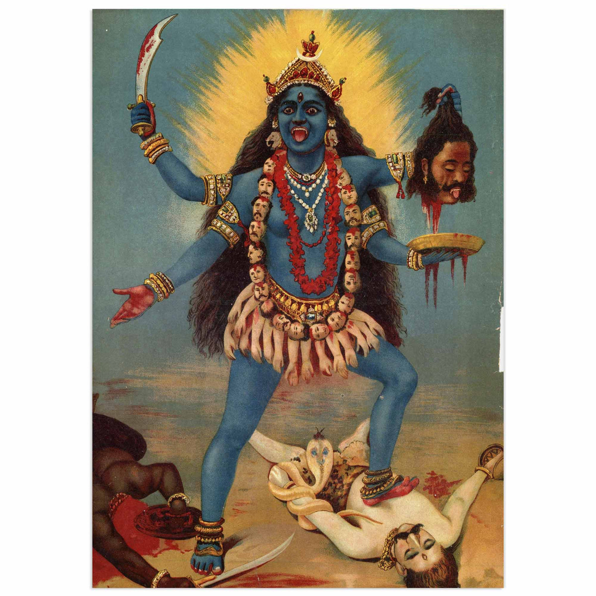 A print of Godess Kali with a sword, blue body and gold adornments, standing over a figure with a severed head.