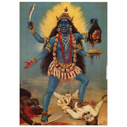 A print of Godess Kali with a sword, blue body and gold adornments, standing over a figure with a severed head.