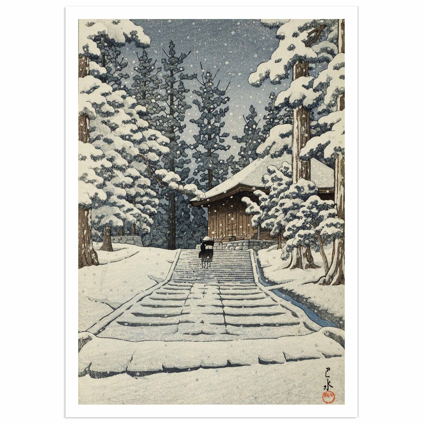 Konjikodo in the snow, Hiraizumi - Hasui Kawase poster