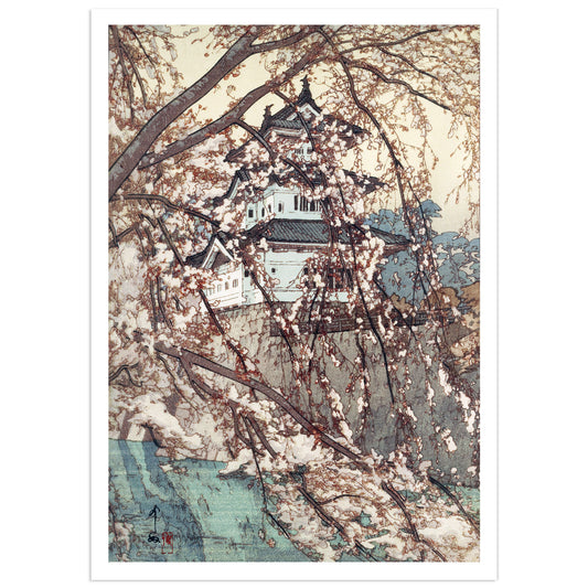 Hirosaki Castle by Hiroshi Yoshida (1935), shin-hanga woodblock print of a white Japanese castle seen through weeping cherry blossoms above a turquoise moat