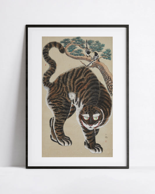 Hojakdo, tiger and magpie Korean minhwa art poster by Soam Lee Seong-su, shown in a black frame