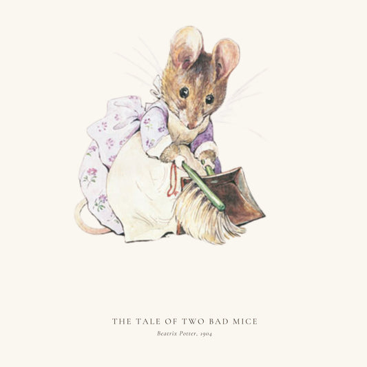 A vintage-style illustrated print showing a small brown mouse in a white dress with a purple floral bow, holding a broom. The artwork is centered on a warm cream background with the text 'THE TALE OF TWO BAD MICE' and 'Beatrix Potter, 1904' below.