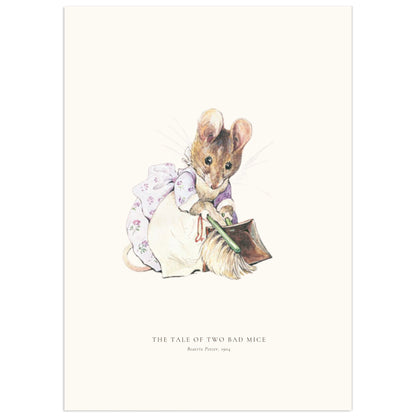Beatrix Potter illustration of Hunca Munca, a little brown mouse in a lilac flowered dress and white apron, sweeping with a green-handled brush and a dustpan