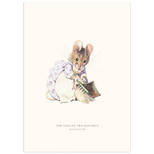 Beatrix Potter illustration of Hunca Munca, a little brown mouse in a lilac flowered dress and white apron, sweeping with a green-handled brush and a dustpan