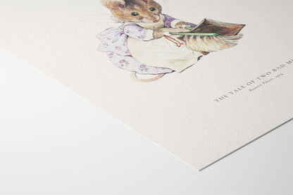 A close-up of a textured off-white art print featuring a watercolor illustration of a small mouse in a floral dress holding a book, with the title 'THE TALE OF TWO READERS' printed in black serif text.