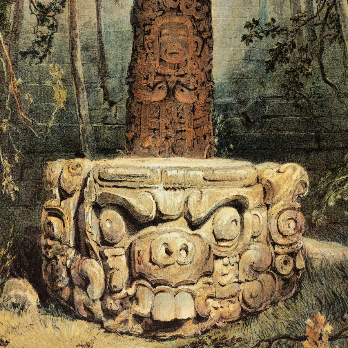 A detailed painting of an ancient Mayan-style stone sculpture in a jungle setting, featuring a large carved pedestal with a stylized face and a smaller carved pillar rising behind it.