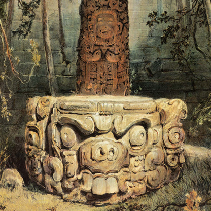A detailed painting of an ancient Mayan-style stone sculpture in a jungle setting, featuring a large carved pedestal with a stylized face and a smaller carved pillar rising behind it.