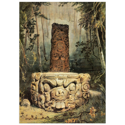 Idol and Altar at Copán by Frederick Catherwood, 1844: a carved Maya stela with a smiling face standing behind a stone altar shaped like a monster head, in the jungle