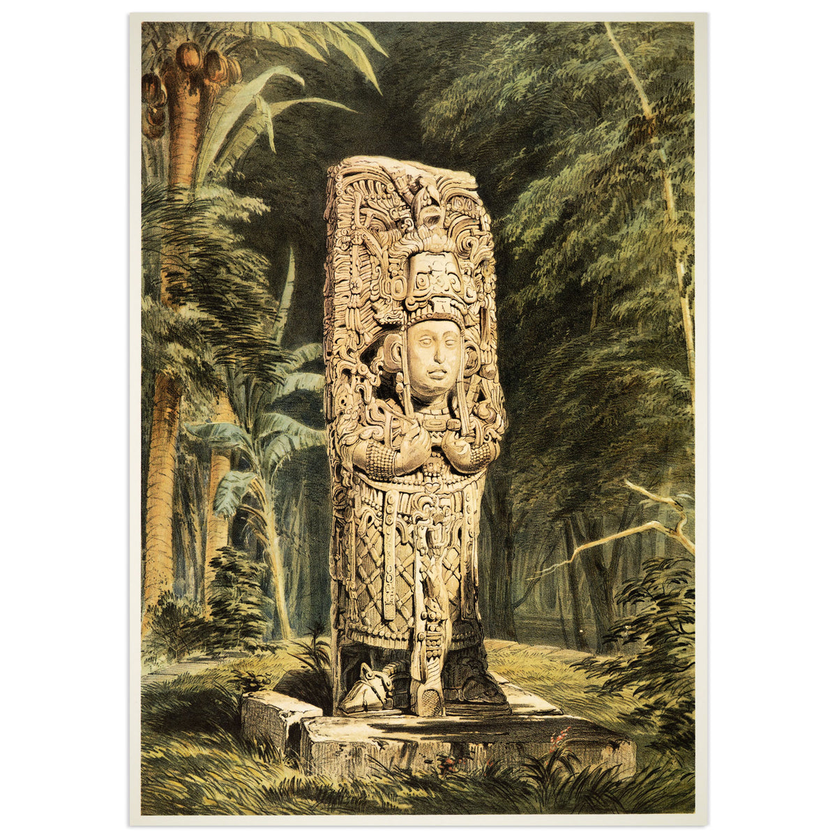 Idol at Copán by Frederick Catherwood, 1844: a tall carved Maya stela of a king with a serene face and an elaborate feathered headdress, standing in the jungle among palm trees