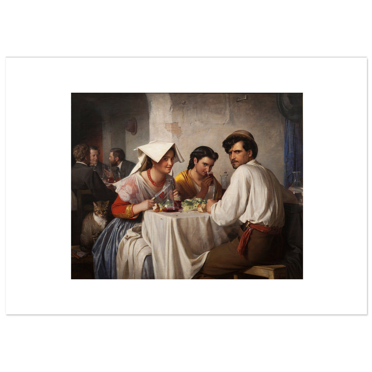 In a Roman Osteria by Carl Heinrich Bloch: people seated around a table in a Roman tavern, warm light, a young woman looking straight out at the viewer while a dog rests nearby