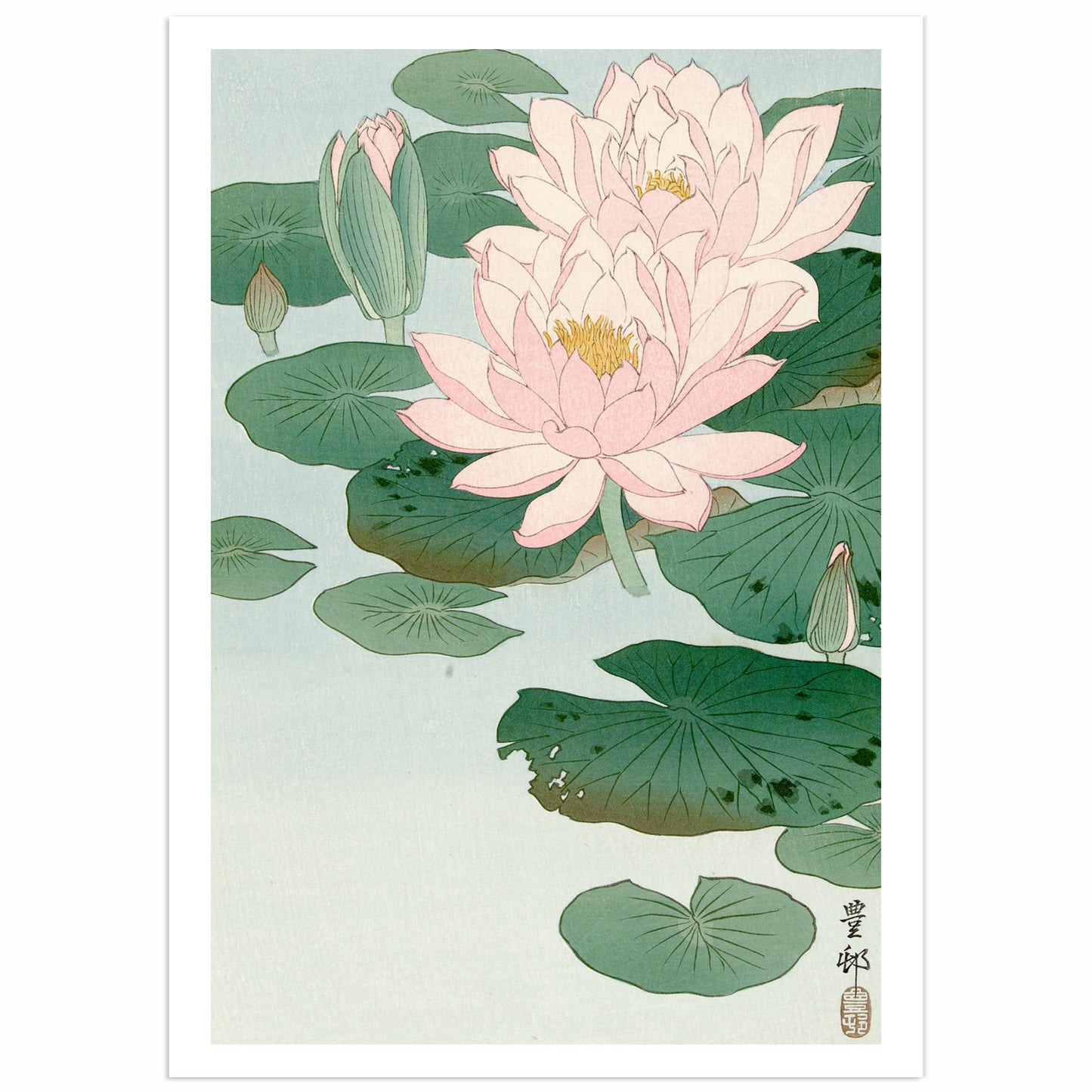 Ohara Koson water lily lotus high-definition poster featuring pink lotus flowers and green leaves on a serene water background