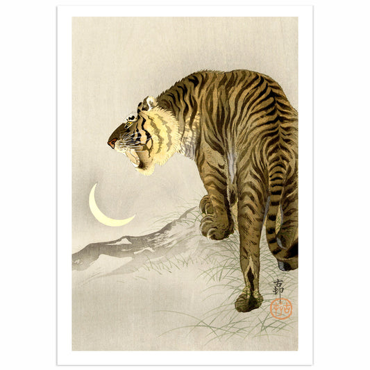 Poster of a tiger by Ohara Koson, standing gracefully under a crescent moon in a wintery landscape.