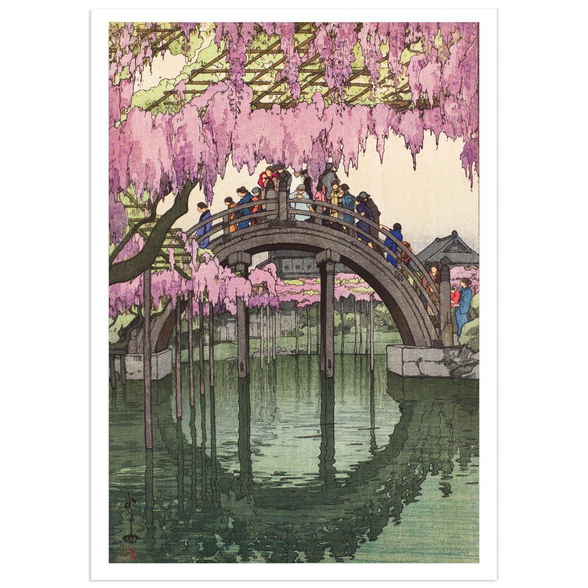 Kameido Bridge by Hiroshi Yoshida (1927), shin-hanga woodblock print of visitors on an arched bridge under hanging purple wisteria, reflected as a full circle in a green pond