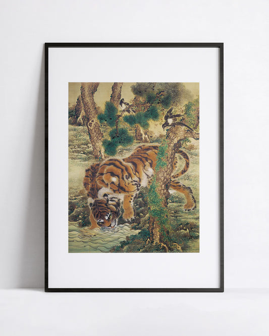 Tiger drinking at a stream under pines with two magpies, Japanese painting by Kishi Ganku, art print