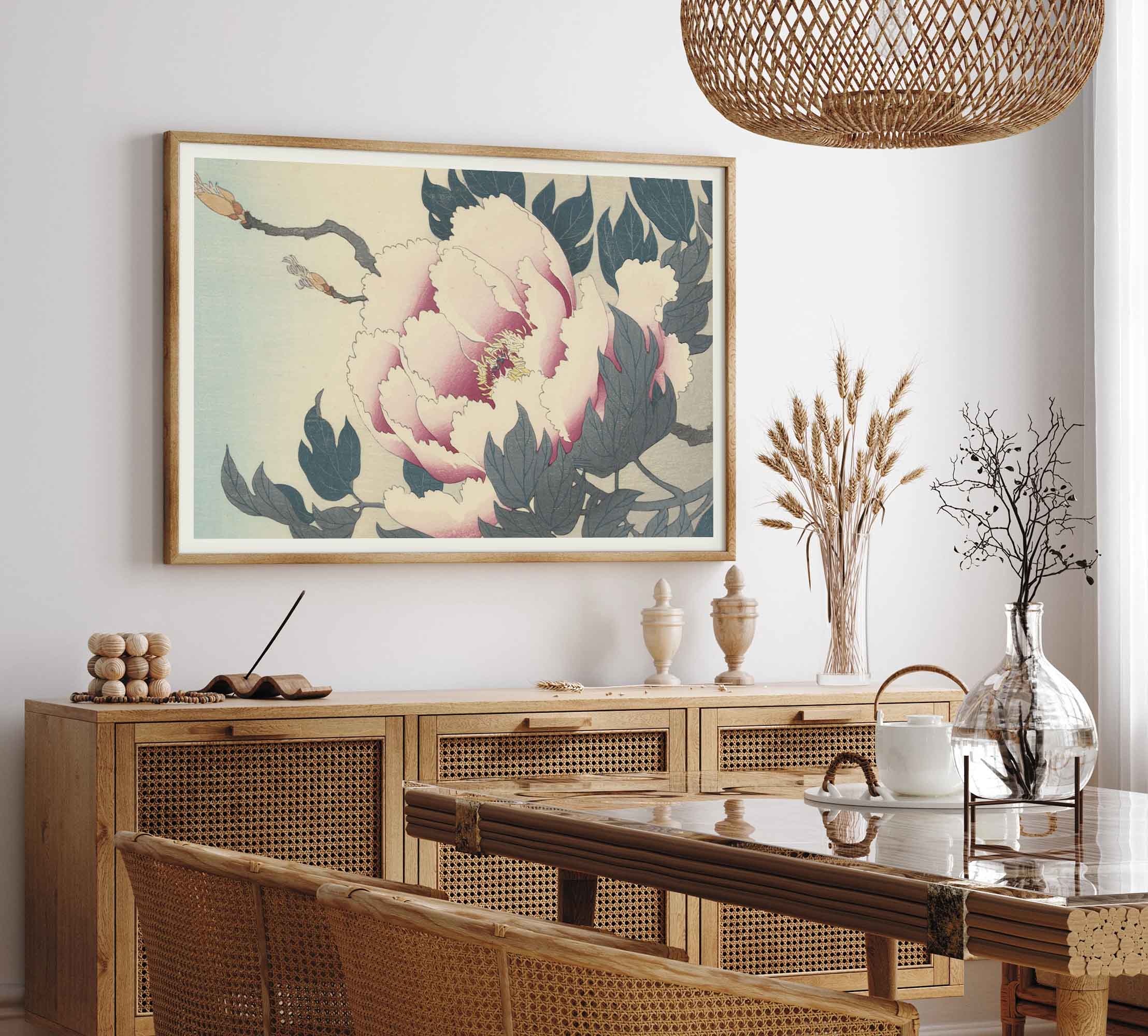 Dining room with wooden furniture, floral artwork, and decorative items.
