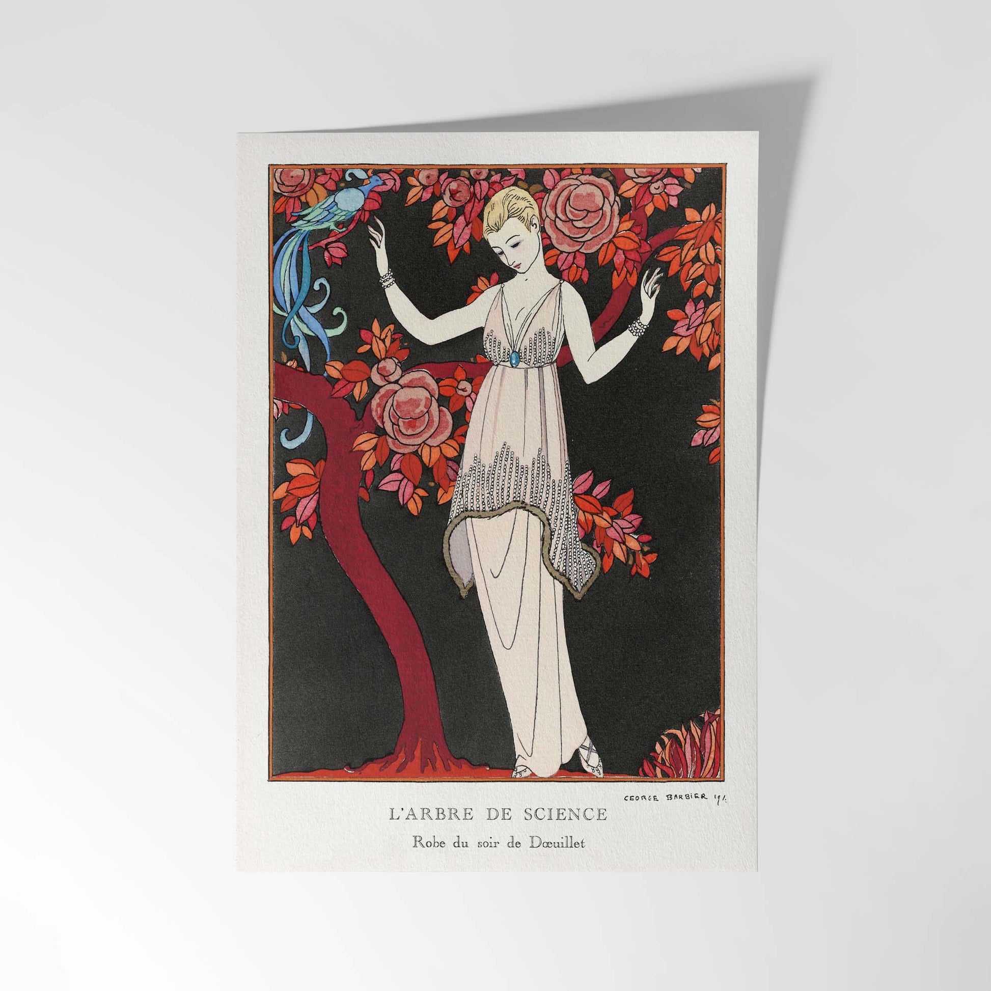 Art Deco fashion illustration by Georges Barbier showing a woman in an evening dress beneath a stylized tree
