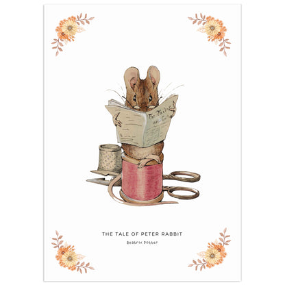 Beatrix Potter illustration of a little mouse reading a newspaper, sitting on a spool of thread, from The Tale of Peter Rabbit with floral elements on a white background. Digital wall art for nursery décor.