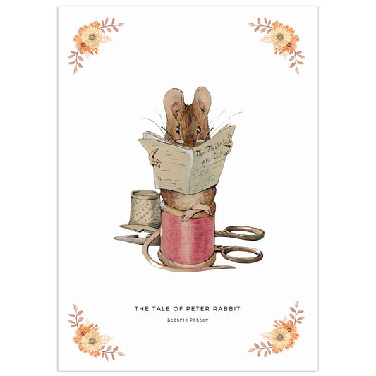 Beatrix Potter illustration of a little mouse reading a newspaper, sitting on a spool of thread, from The Tale of Peter Rabbit with floral elements on a white background. Digital wall art for nursery décor.